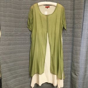 Dragonfly Short Sleeve Cotton Dress with Overlay in Green & Cream Size Large